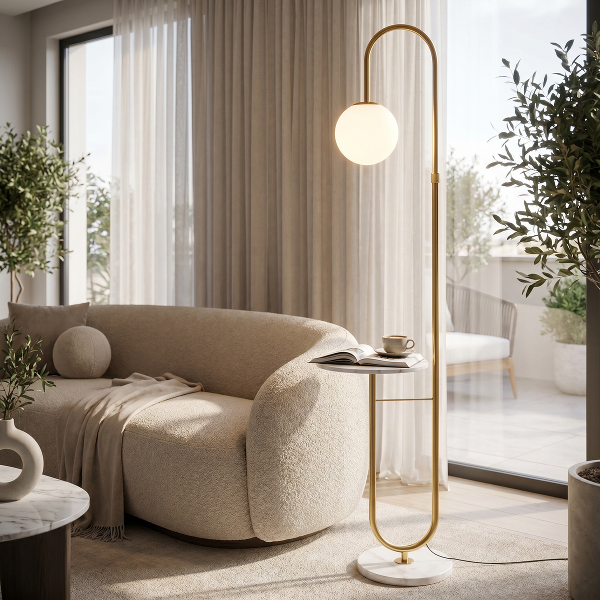 Orbita Globe Floor Lamp with Marble Side Table
