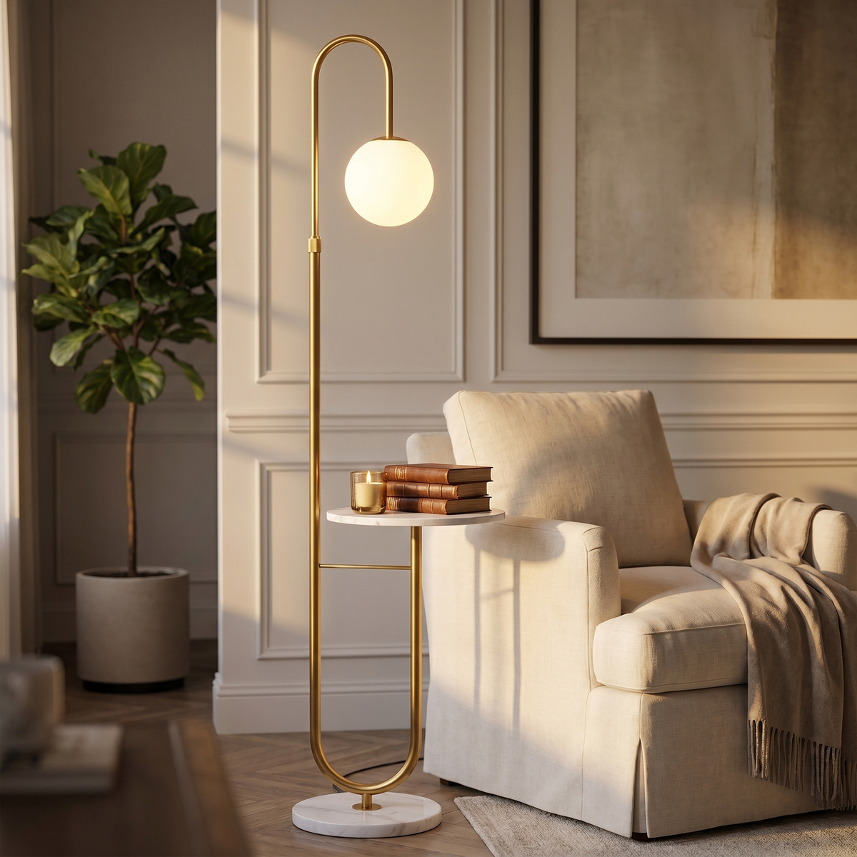 Orbita Globe Floor Lamp with Marble Side Table