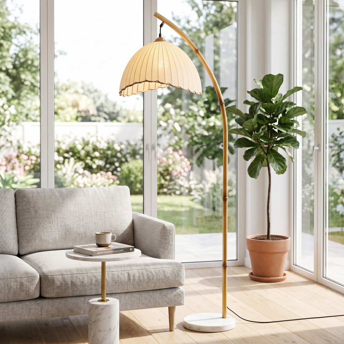 Loto Bamboo Arc Floor Lamp with Marble Base