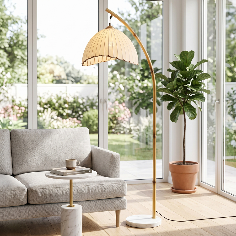 Loto Bamboo Arc Floor Lamp with Marble Base