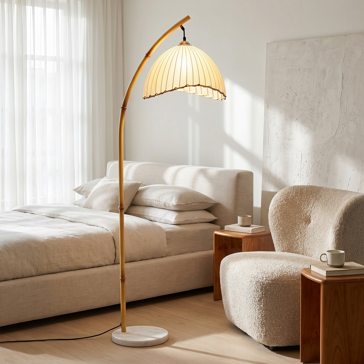 Loto Bamboo Arc Floor Lamp with Marble Base
