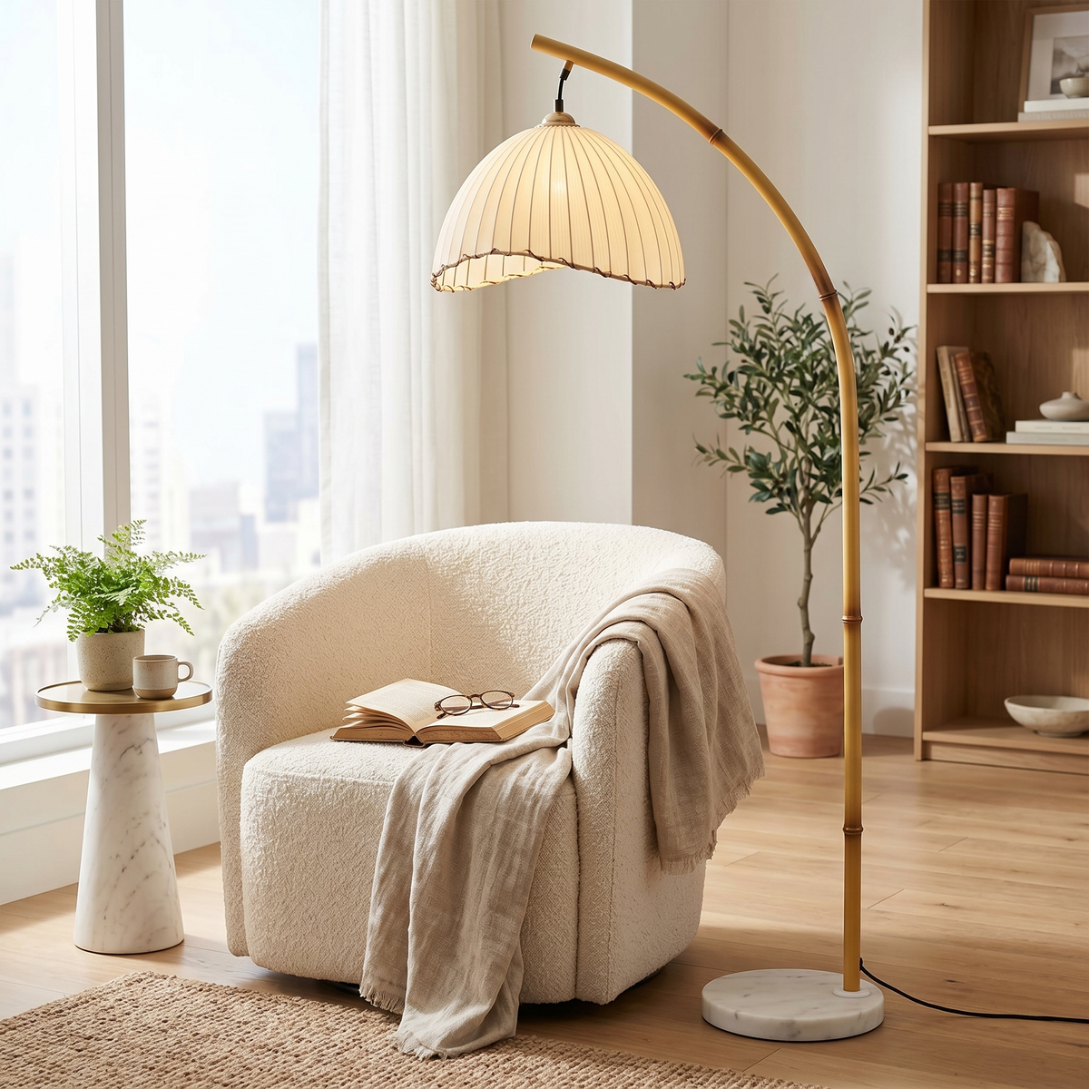 Loto Bamboo Arc Floor Lamp with Marble Base