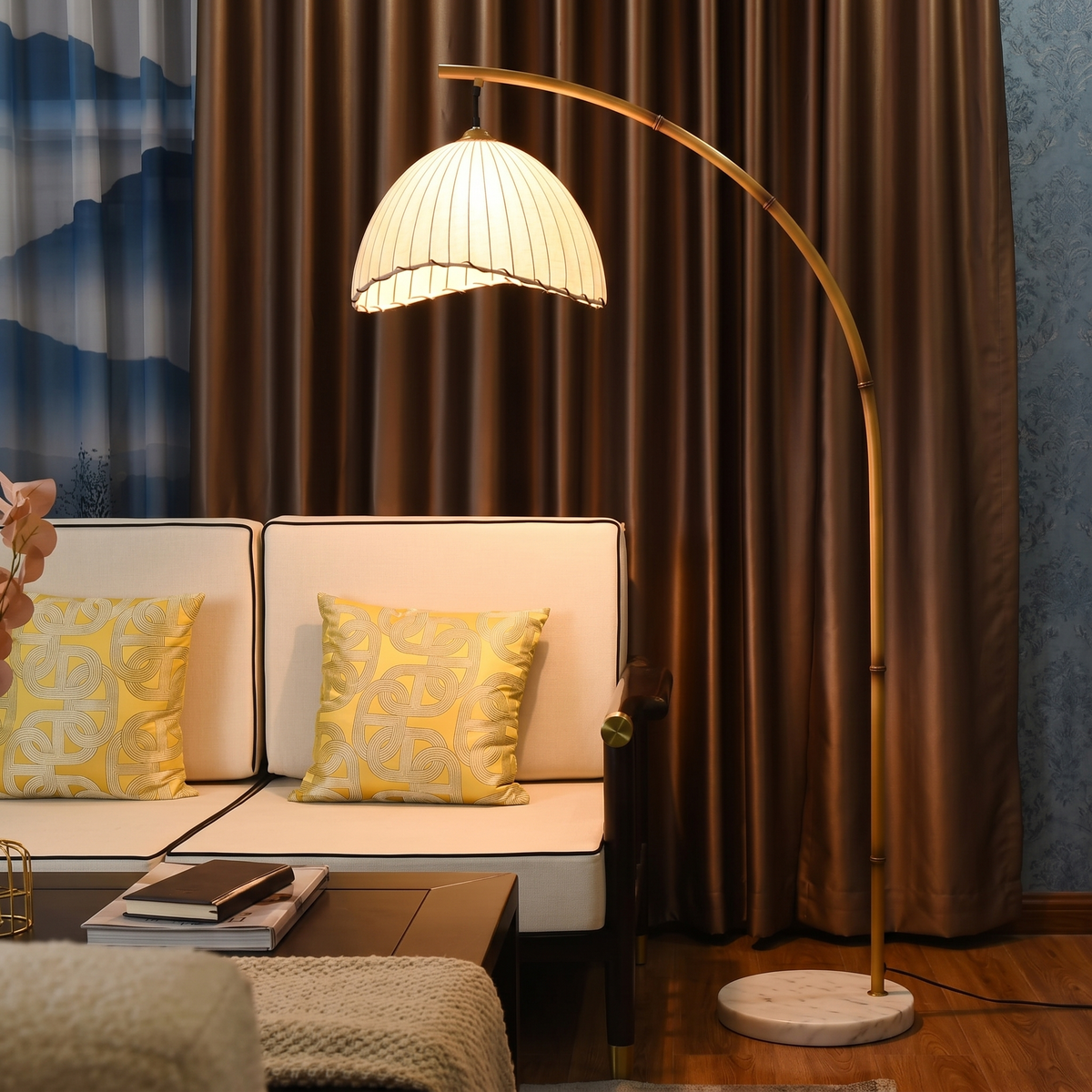 Loto Bamboo Arc Floor Lamp with Marble Base