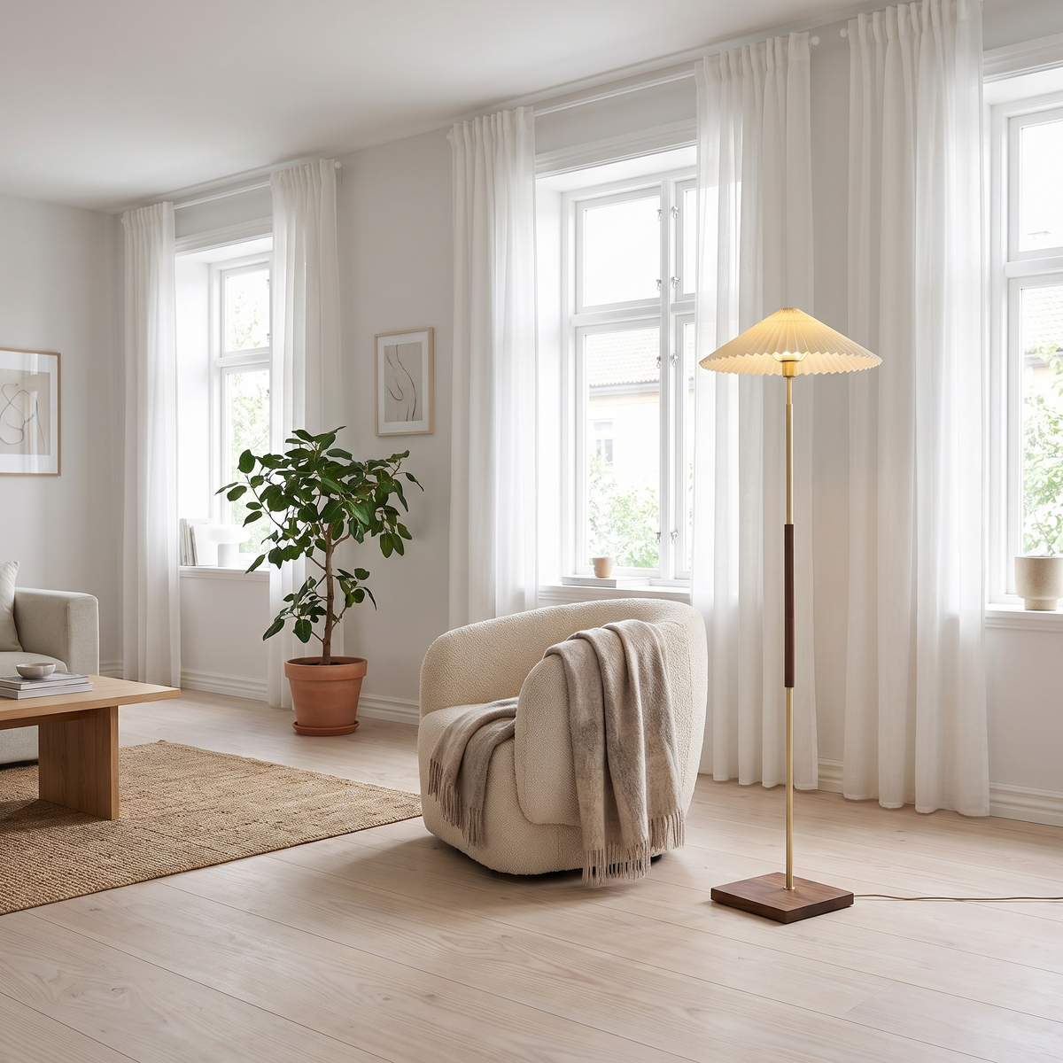 Margherita Dorata Pleated Parasol Floor Lamp with Walnut Column