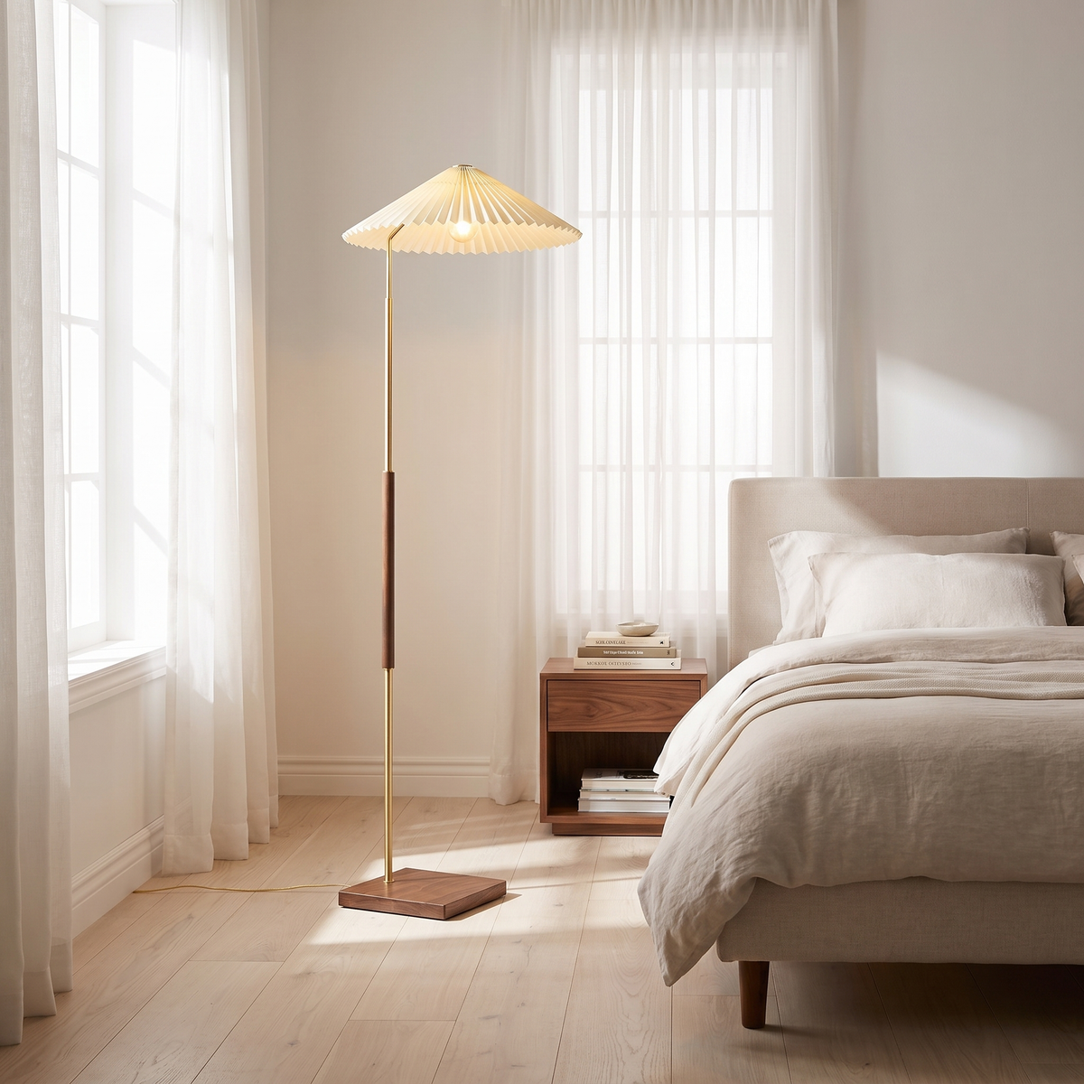 Margherita Dorata Pleated Parasol Floor Lamp with Walnut Column