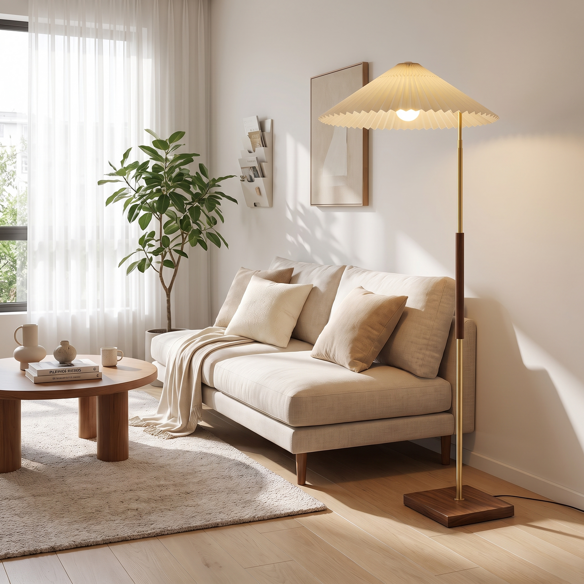 Margherita Dorata Pleated Parasol Floor Lamp with Walnut Column