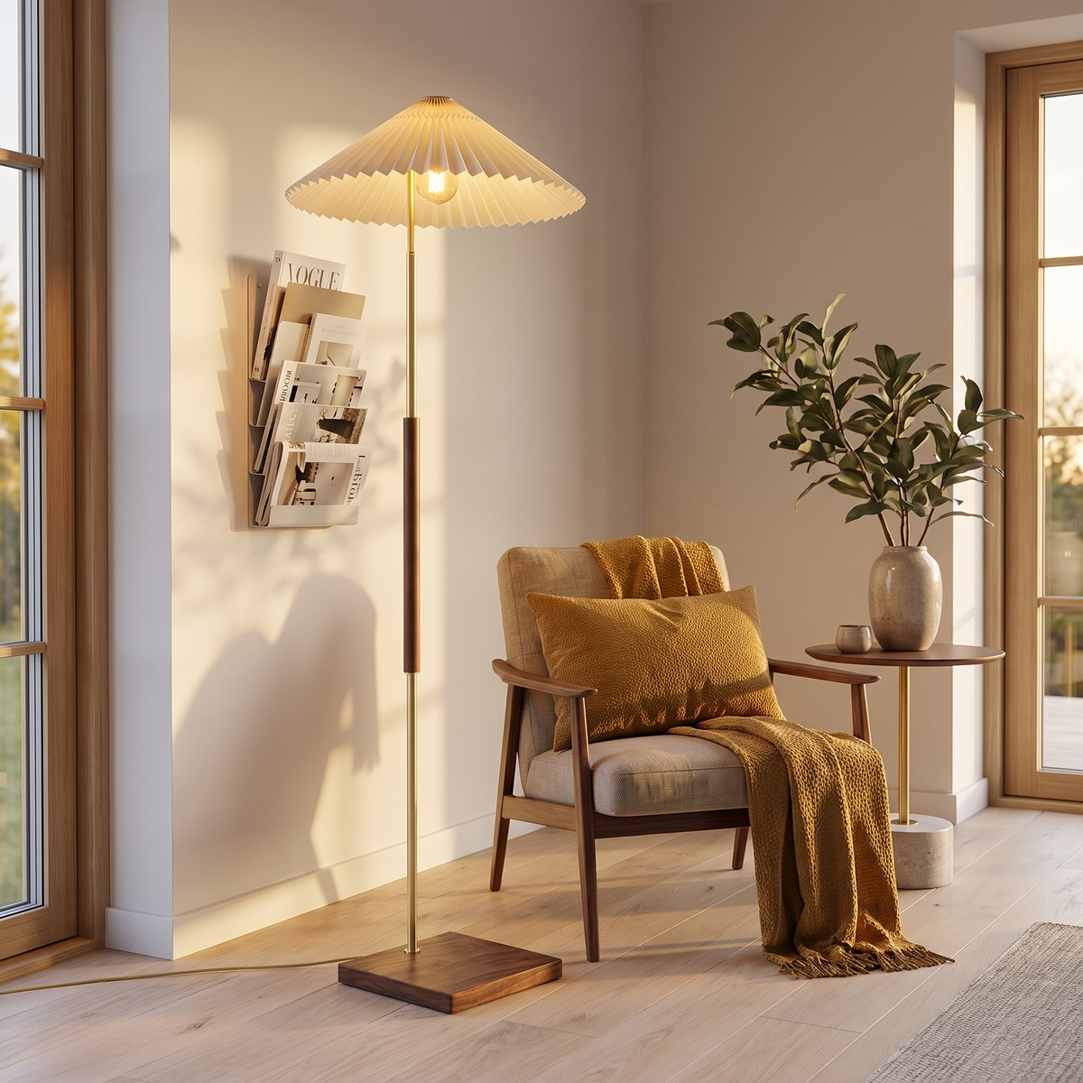 Margherita Dorata Pleated Parasol Floor Lamp with Walnut Column