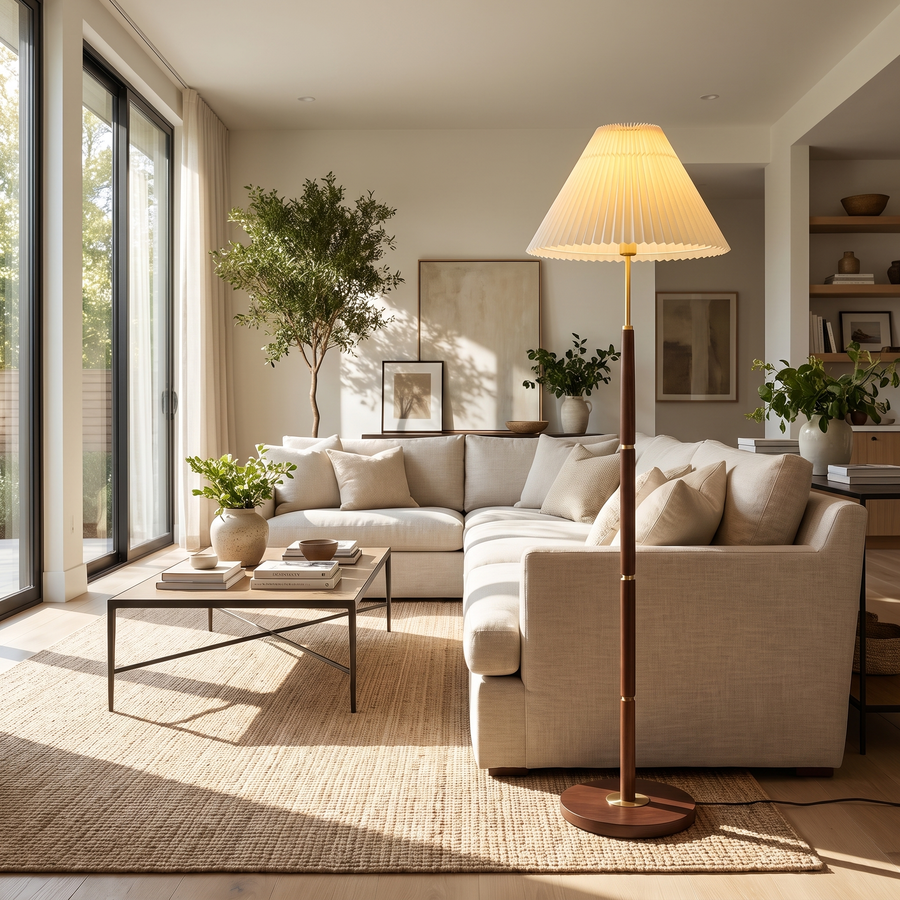 Ventaglio Sera Pleated Floor Lamp with Wood Pole