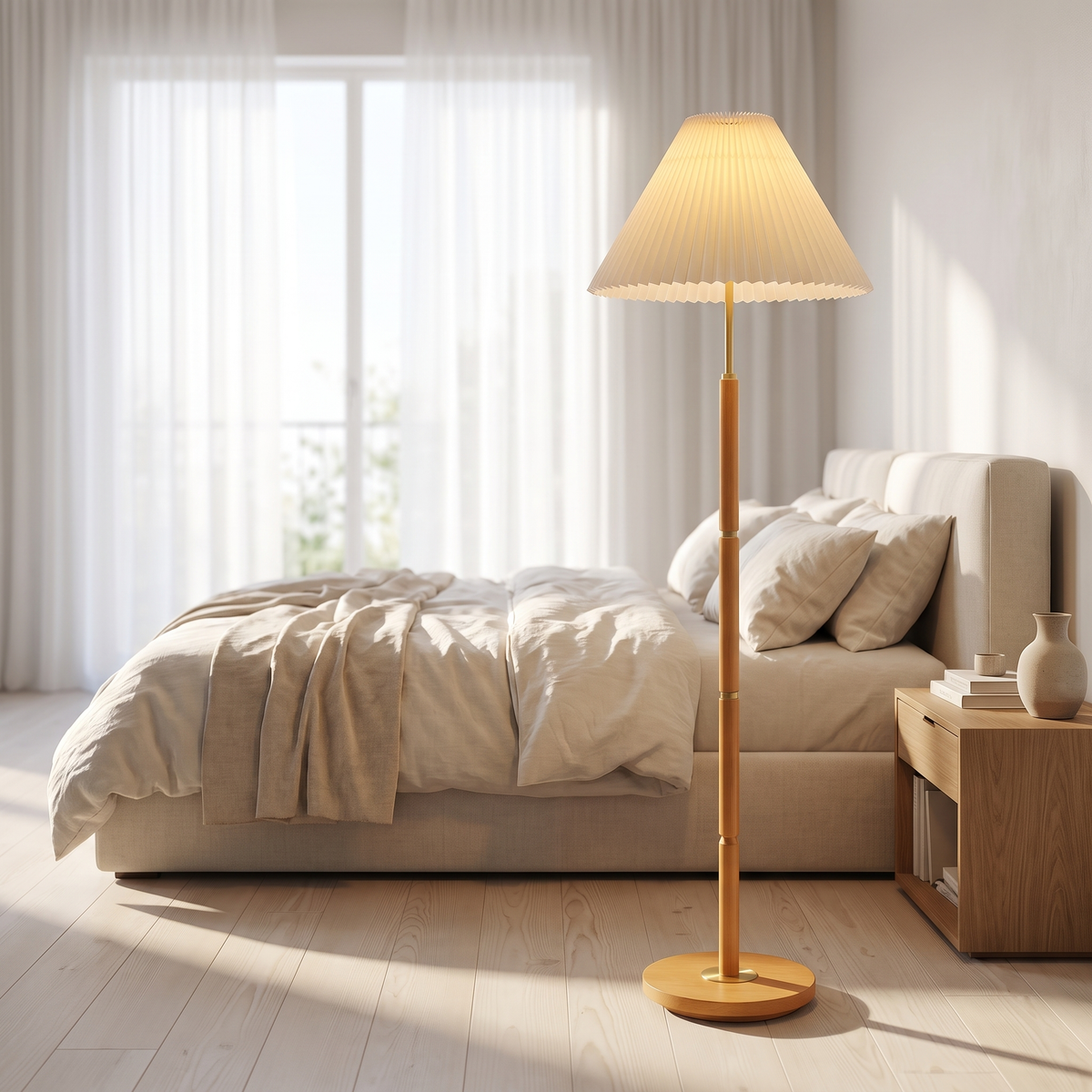 Ventaglio Sera Pleated Floor Lamp with Wood Pole