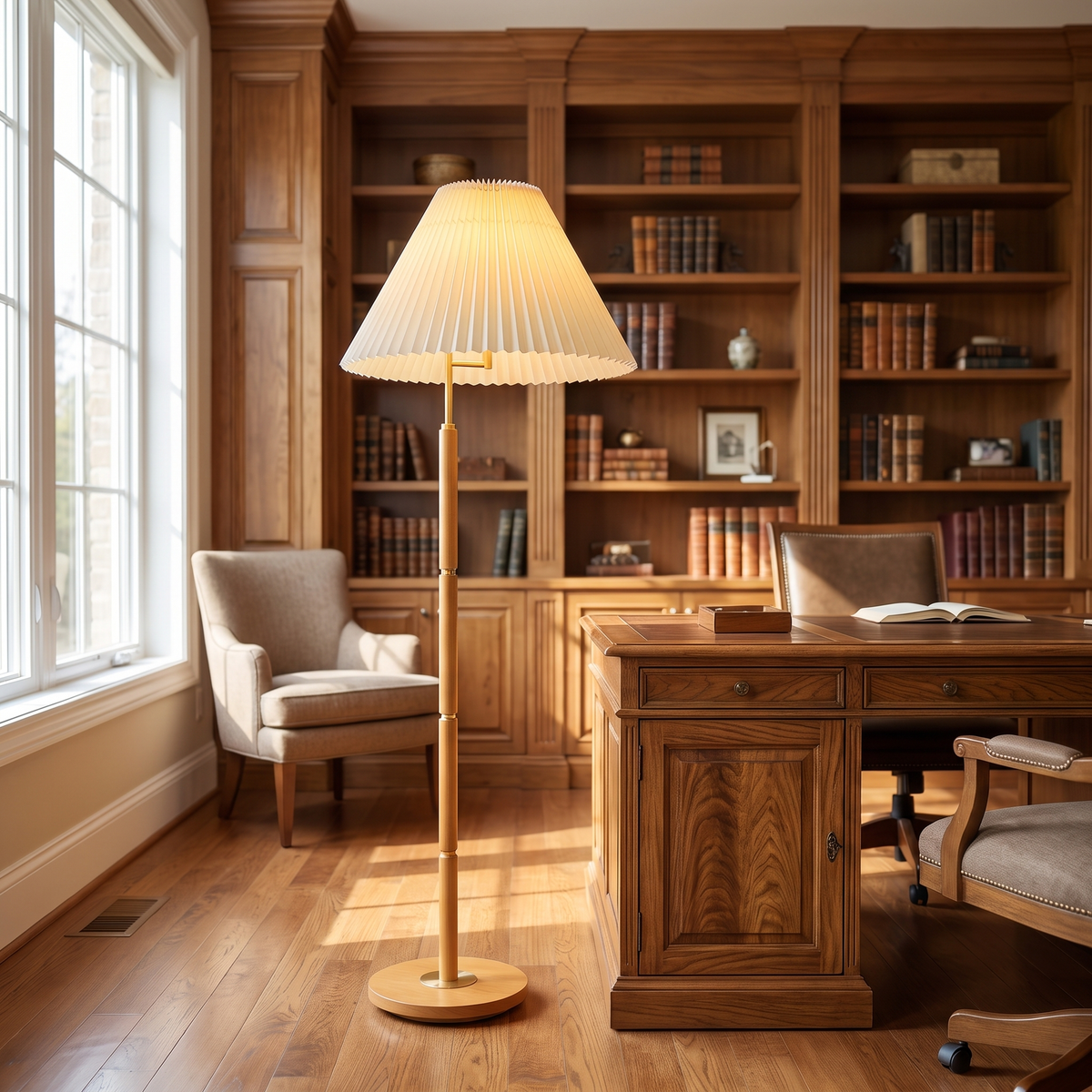 Ventaglio Sera Pleated Floor Lamp with Wood Pole