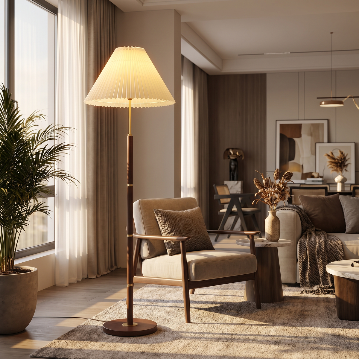 Ventaglio Sera Pleated Floor Lamp with Wood Pole