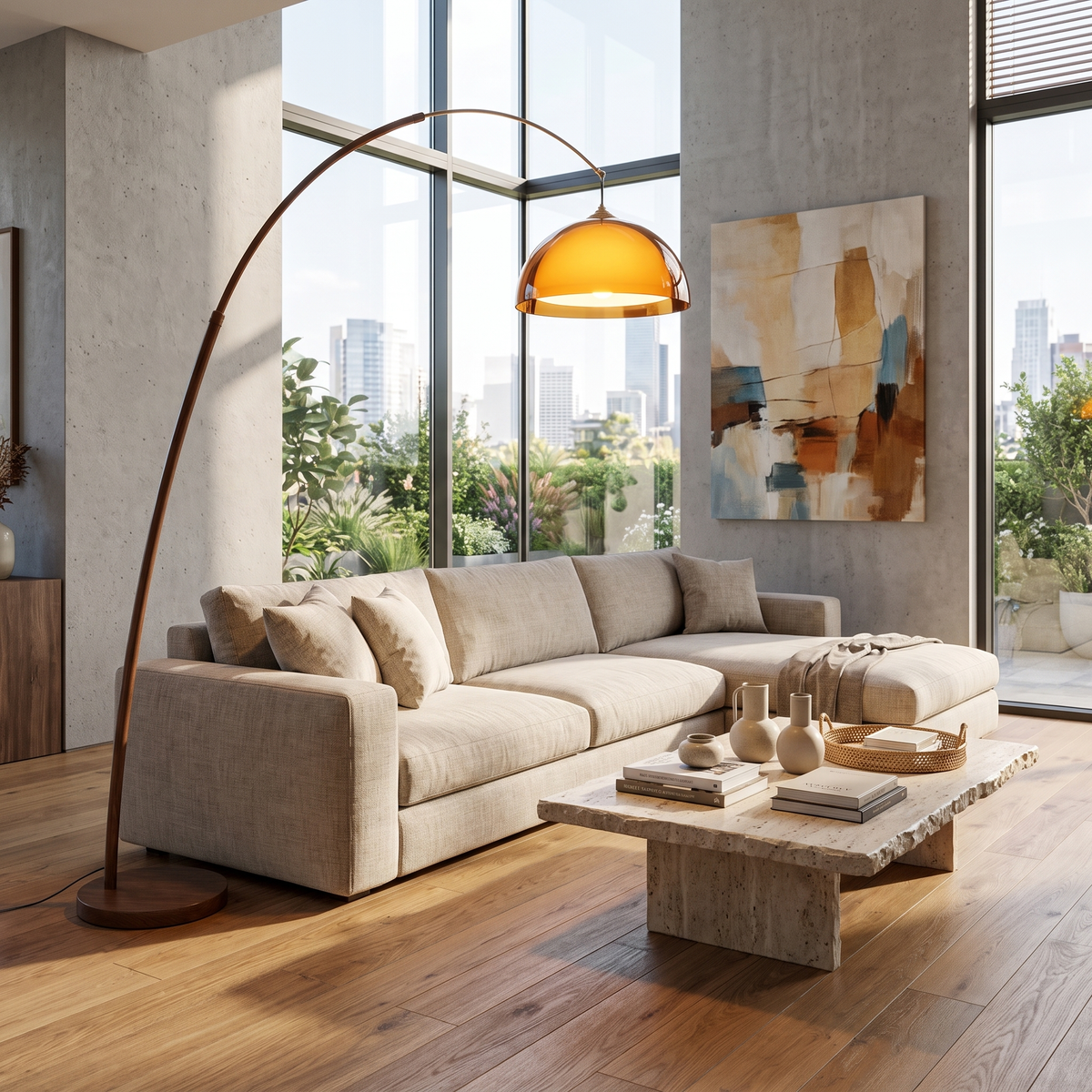 Ventoro Arc Floor Lamp with Amber Dome Shade