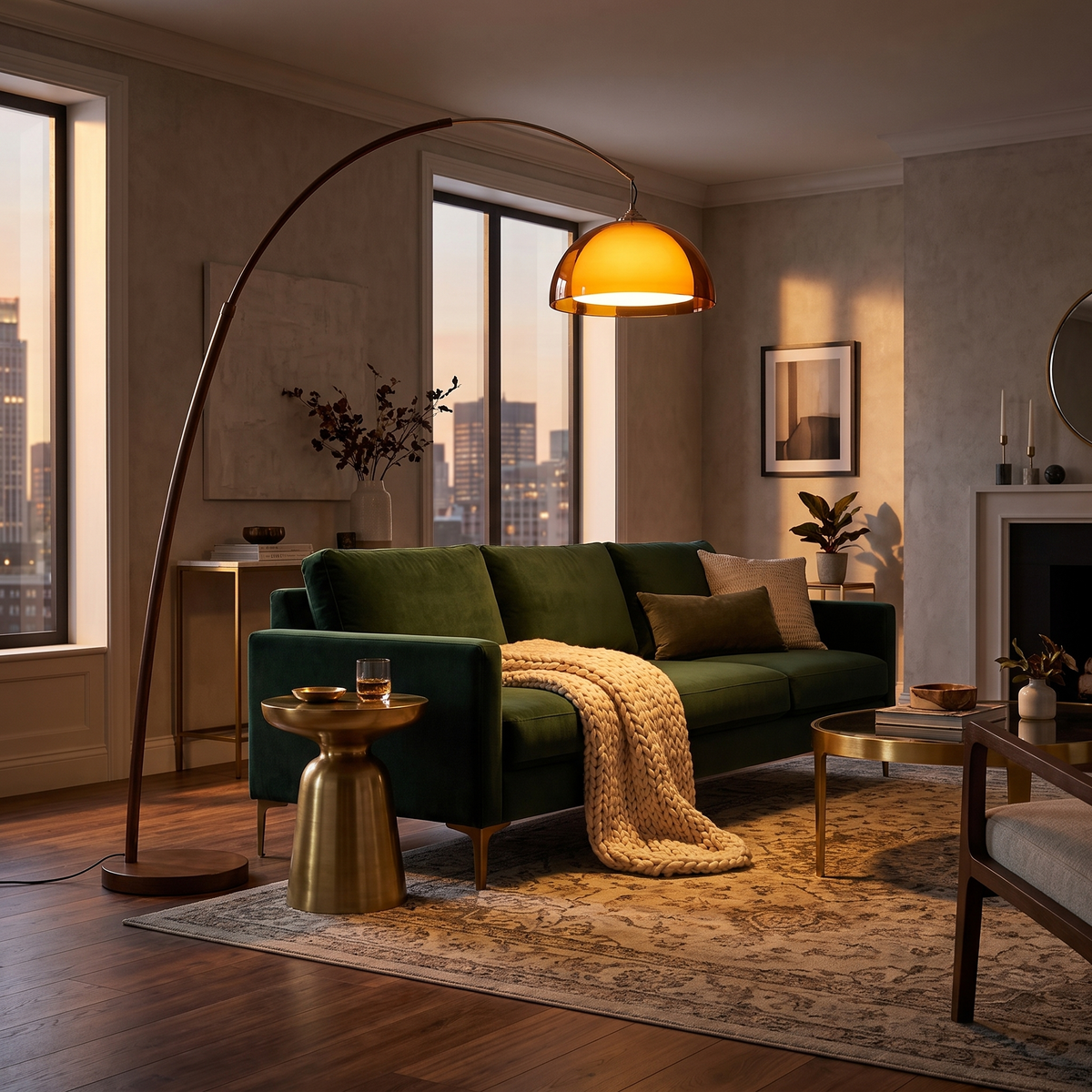 Ventoro Arc Floor Lamp with Amber Dome Shade