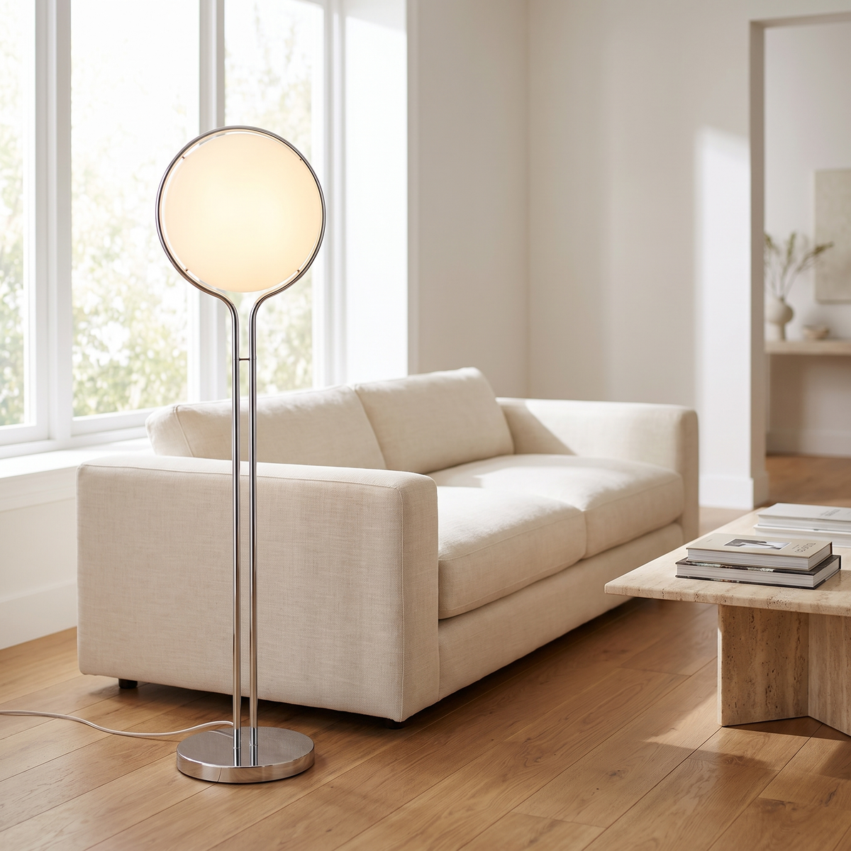 Luna Velata Chrome Arc Globe Floor Lamp with Frosted Opal Shade
