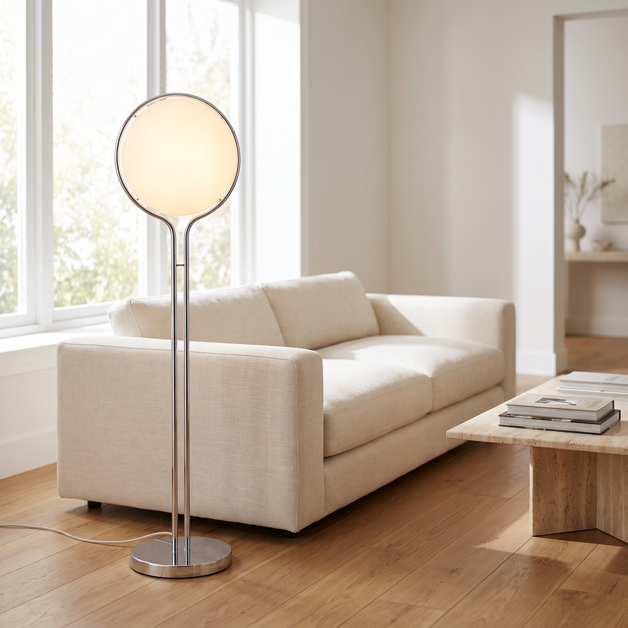 Luna Velata Chrome Arc Globe Floor Lamp with Frosted Opal Shade