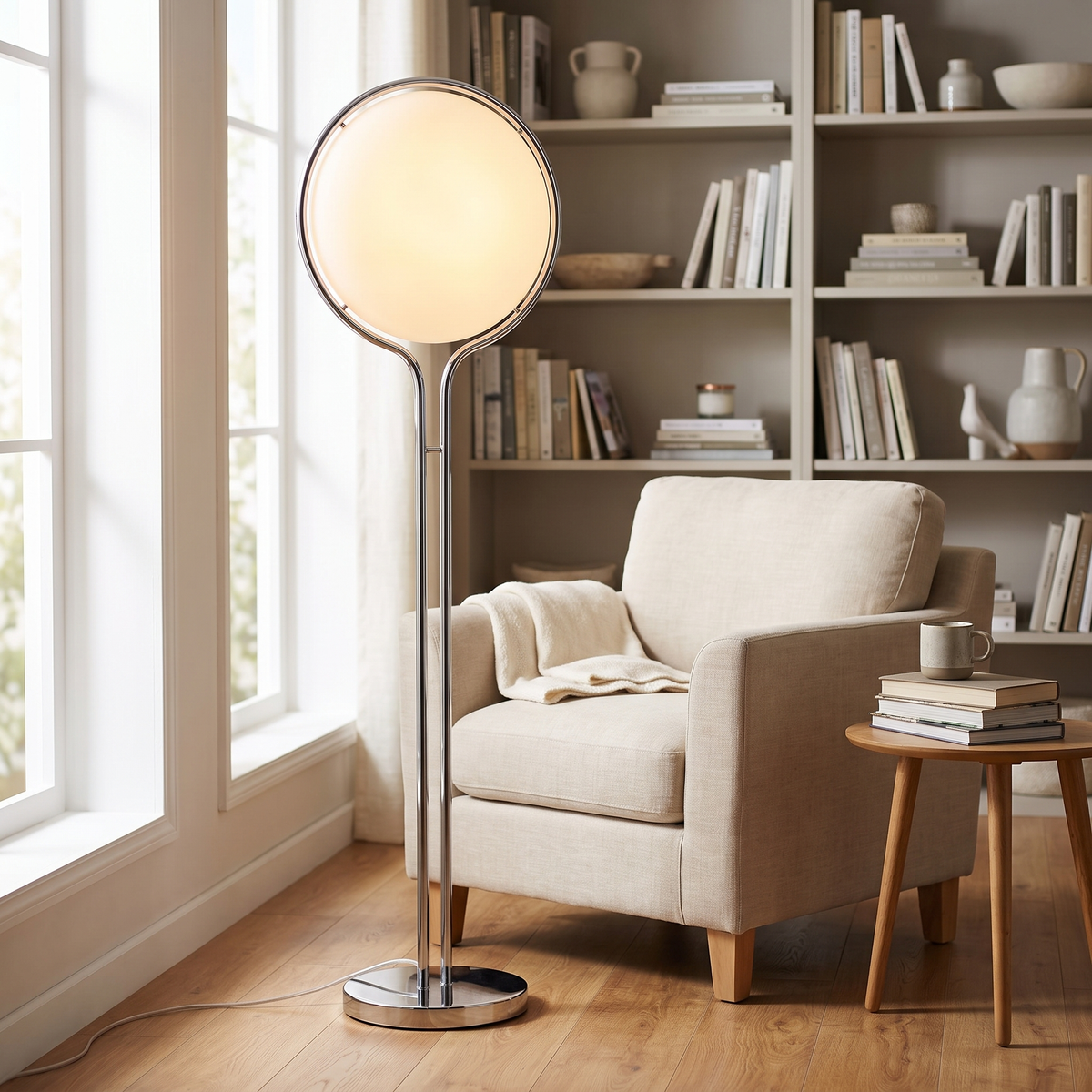 Luna Velata Chrome Arc Globe Floor Lamp with Frosted Opal Shade