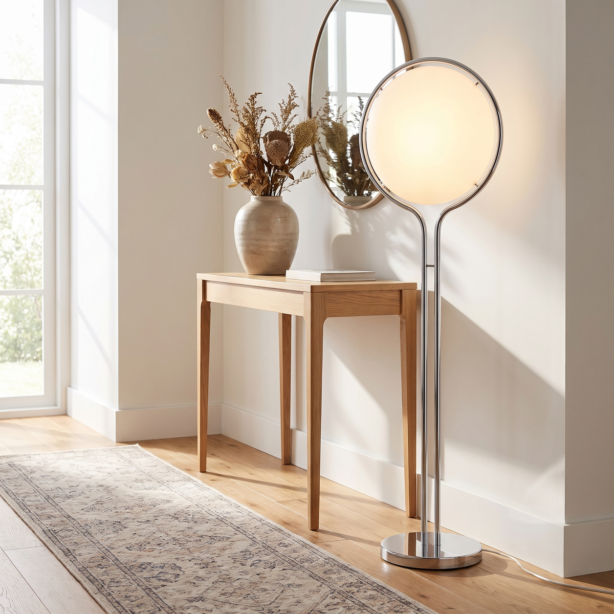 Luna Velata Chrome Arc Globe Floor Lamp with Frosted Opal Shade