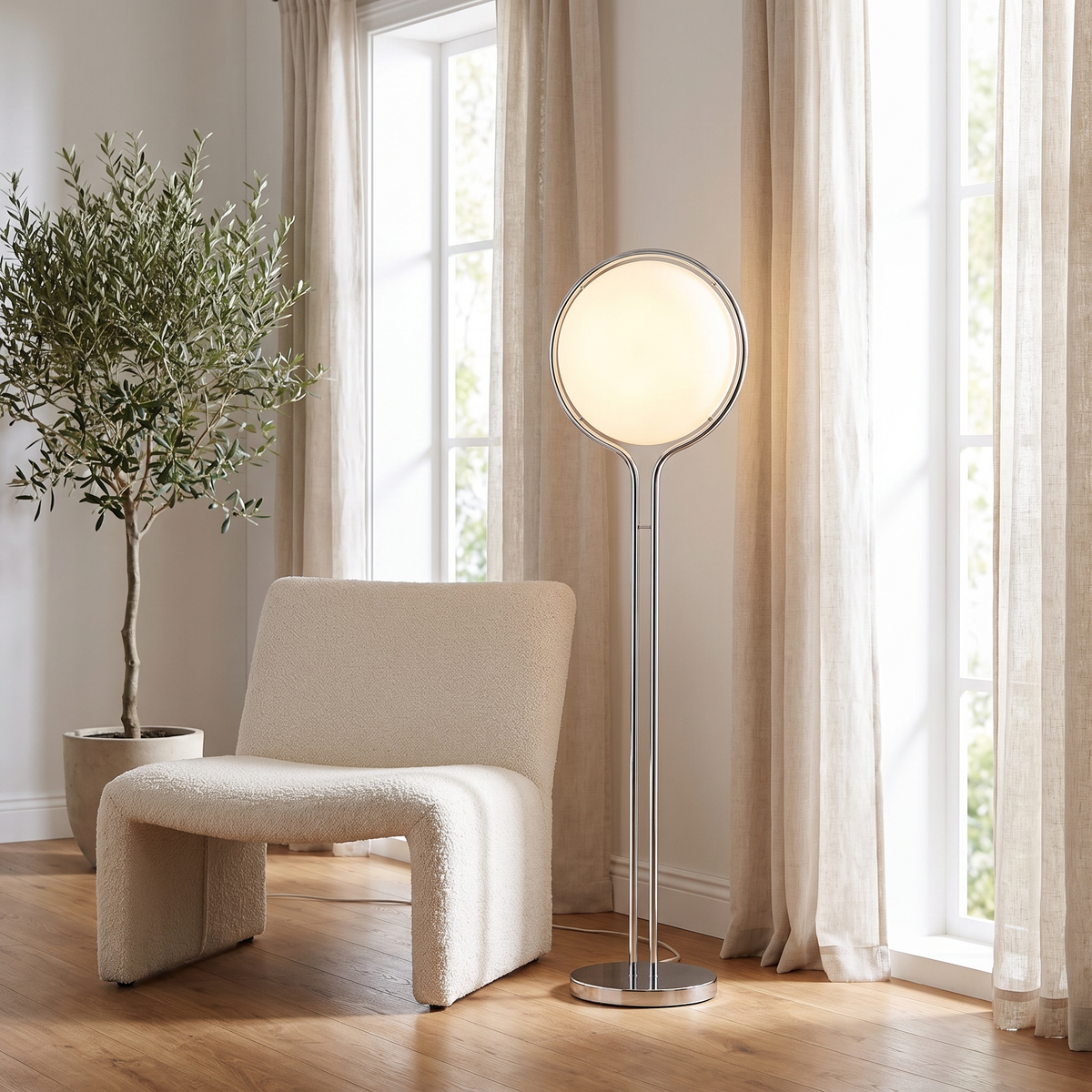Luna Velata Chrome Arc Globe Floor Lamp with Frosted Opal Shade