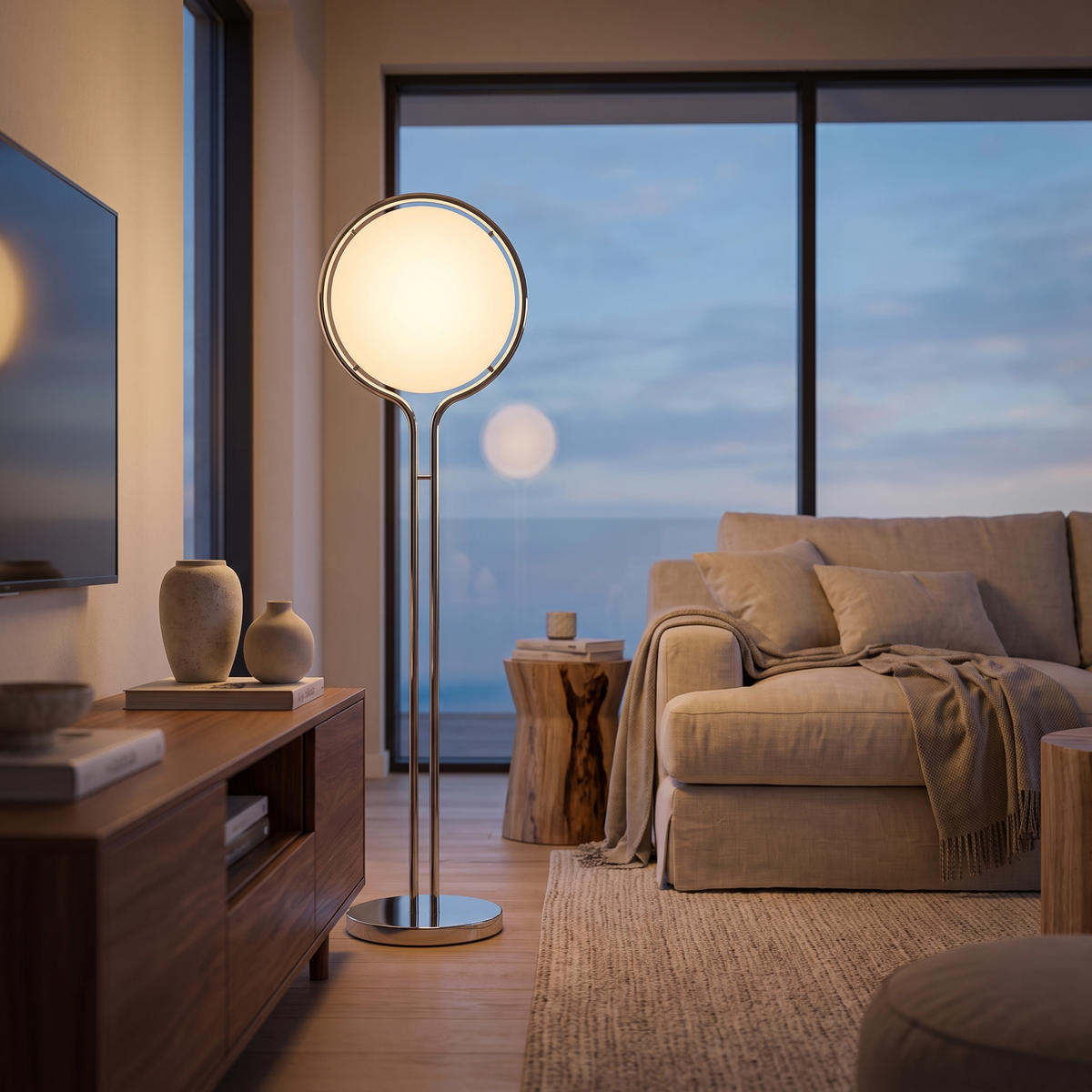 Luna Velata Chrome Arc Globe Floor Lamp with Frosted Opal Shade