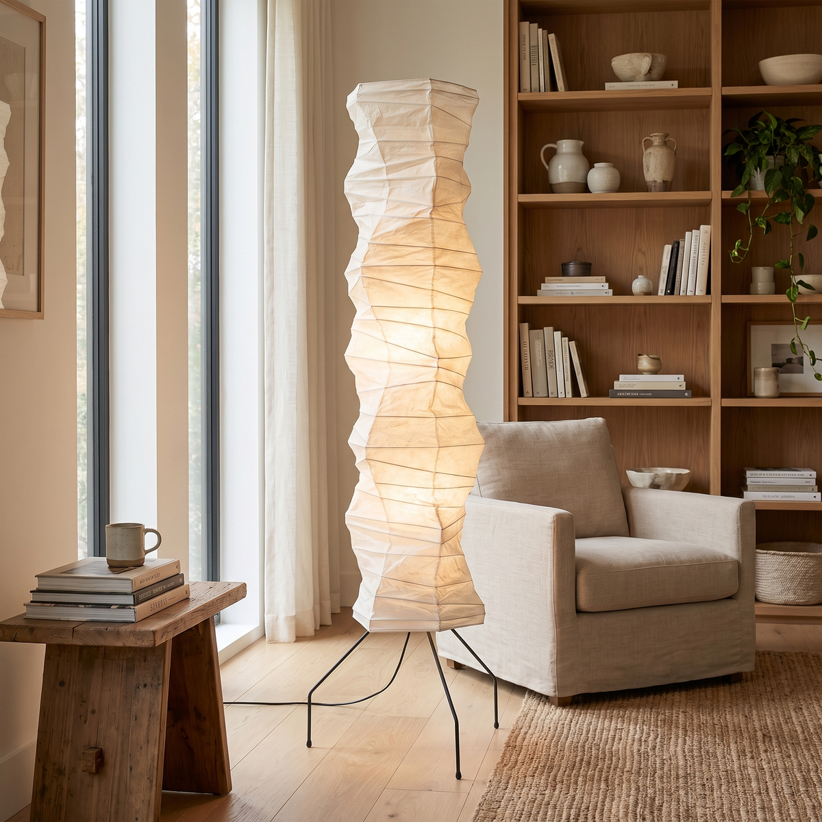 Luna Velata Rice Paper Floor Lamp with Bamboo Frame