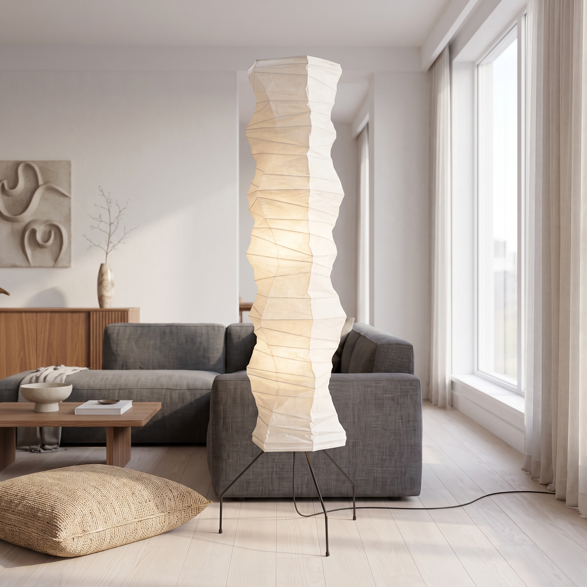 Luna Velata Rice Paper Floor Lamp with Bamboo Frame